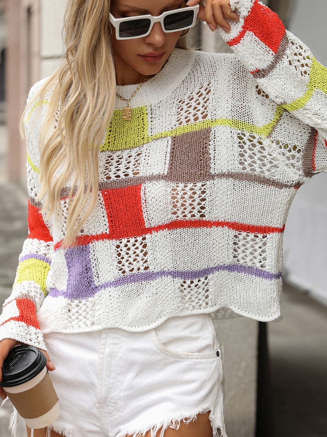 Openwork Color Block Round Neck Sweater