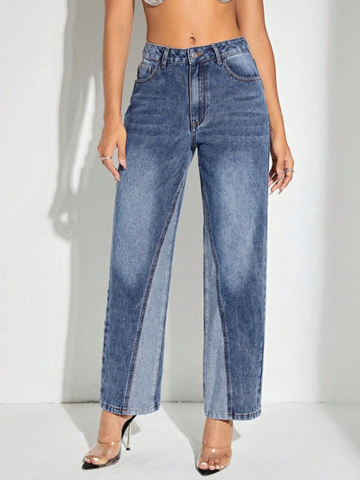 Contrast Patchwork Straight Jeans with Pockets