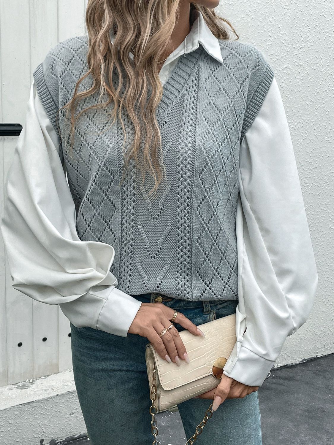 Perfee Openwork V-Neck Sweater Vest