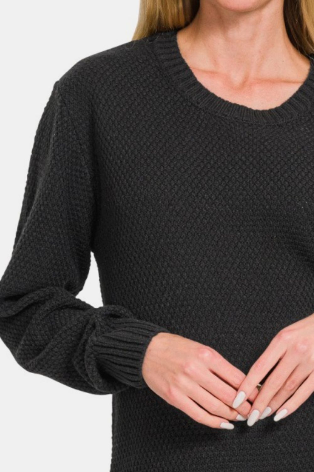 Zenana Full Size Round Neck Long Sleeve Curved Hem Sweater