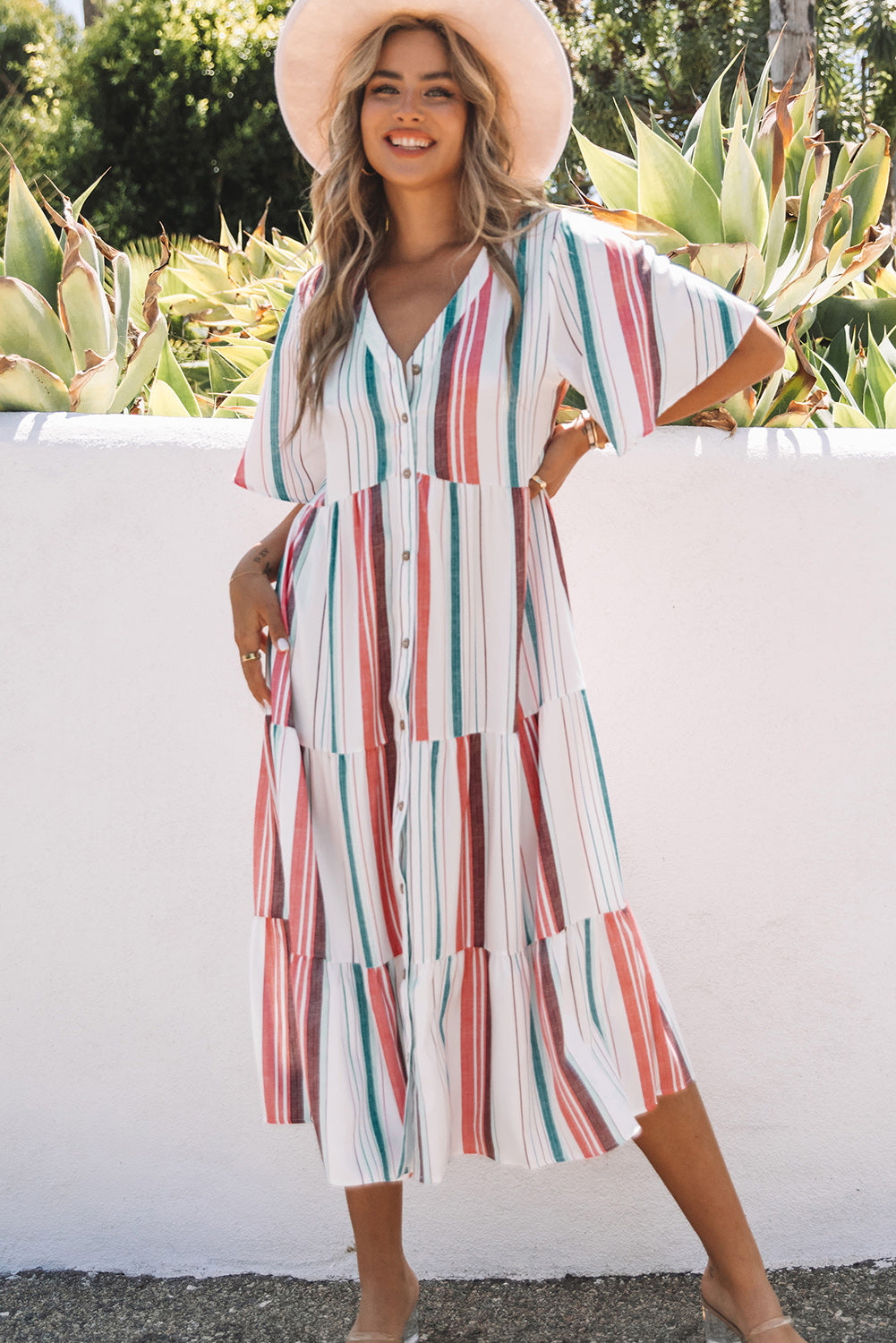 Striped Button Front Flutter Sleeve Tiered Shirt Dress