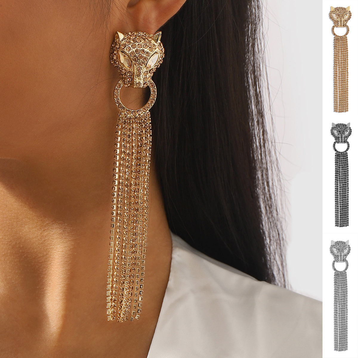 Personalized Leopard Head Earrings With Tassel Rhinestones