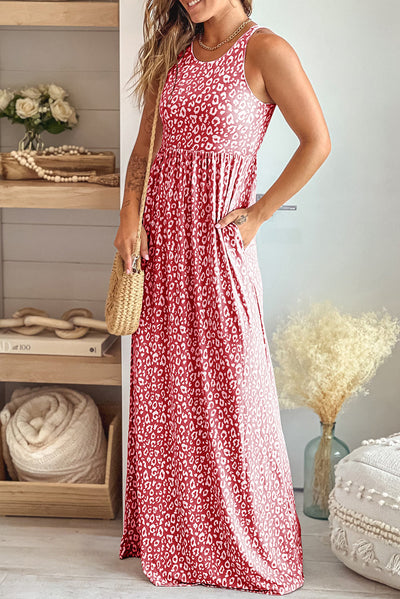 Leopard Round Neck Sleeveless Maxi Dress