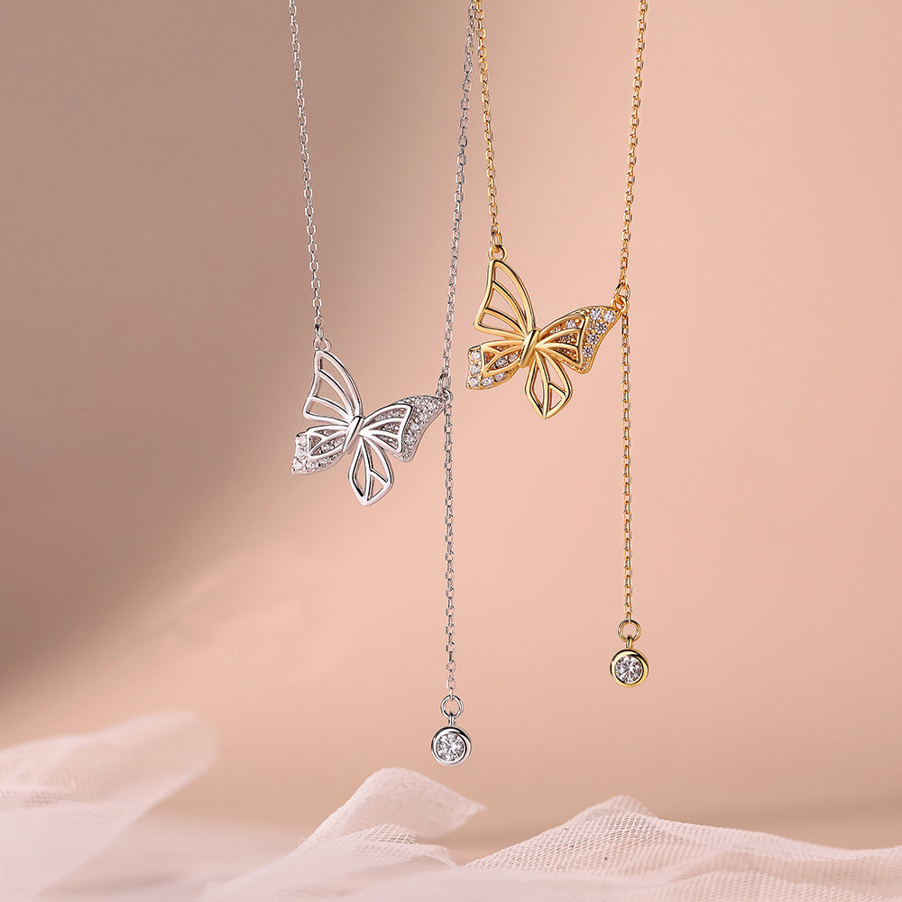 S925 Silver Hollow Butterfly Necklace With Rhinestones