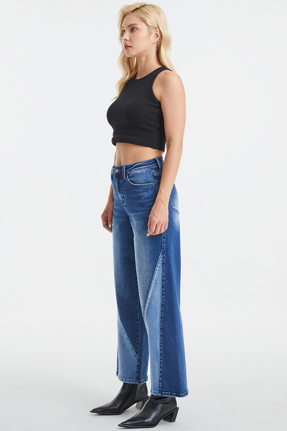 BAYEAS Full Size High Waist Two-Tones Patched Wide Leg Jeans