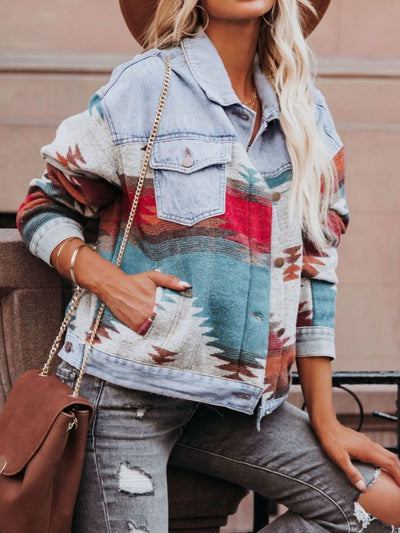 Geometric Button Up Long Sleeve Denim Jacket