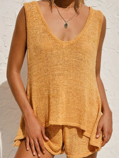 V-Neck Sleeveless Top and Drawstring Shorts Sweater Set