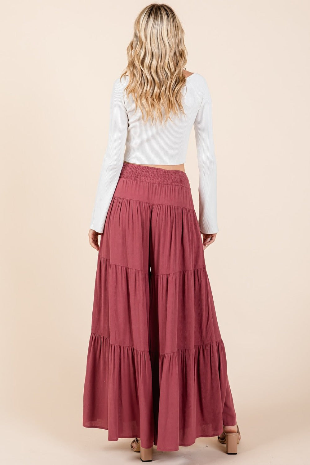 Mittoshop Tier Detail Smocked Elastic Waist Wide Leg Pants