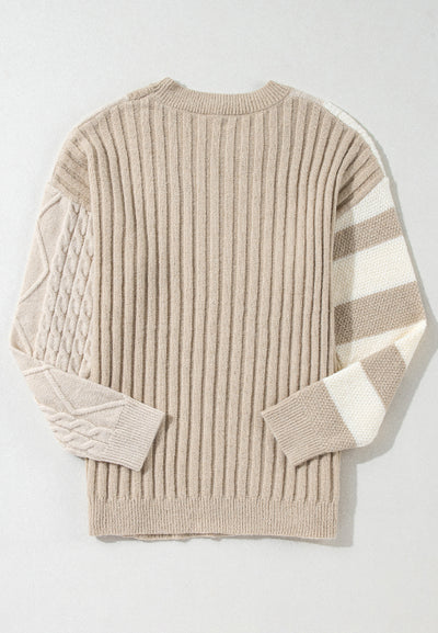 Cable-Knit Color Block Round Neck Sweater