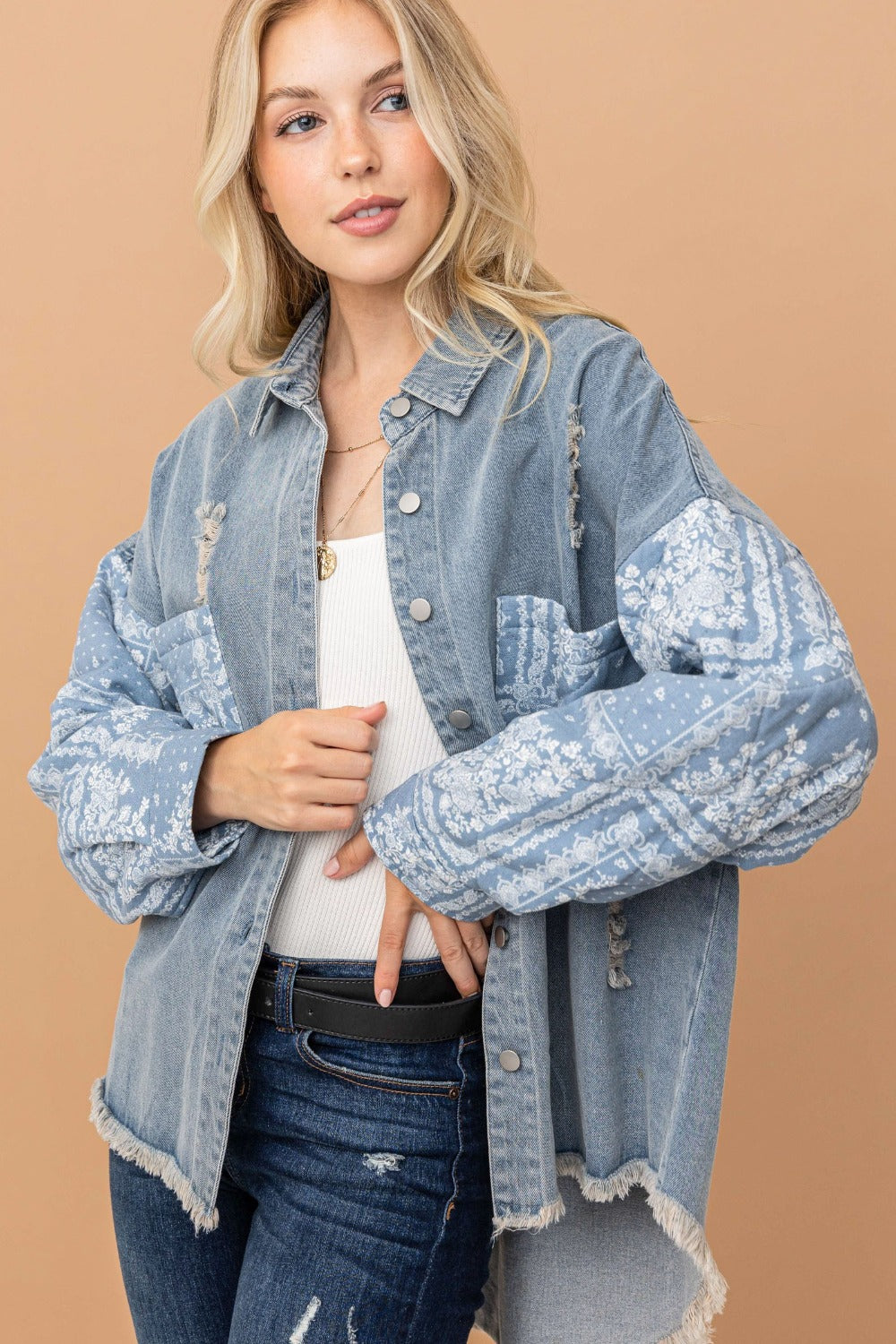 And The Why Full Size Paisley Print Quilted Sleeves Denim Jacket