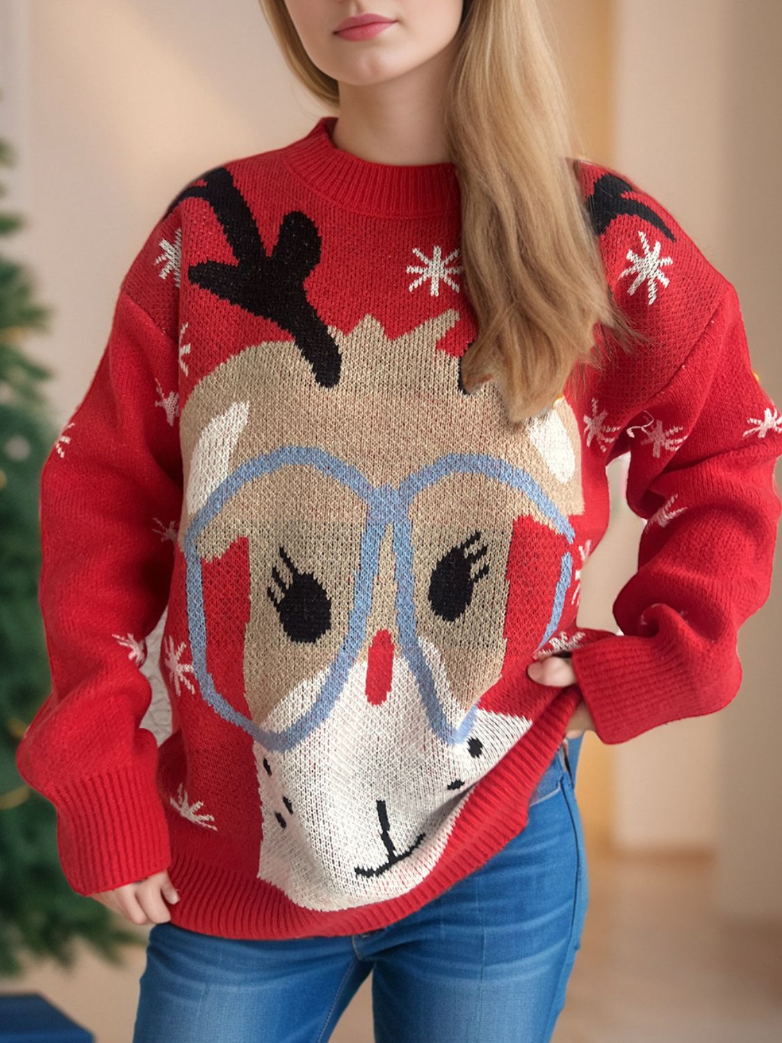 Reindeer Round Neck Dropped Shoulder Sweater