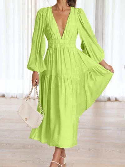 Deep V-Neck Balloon Sleeve Plain Maxi Dress