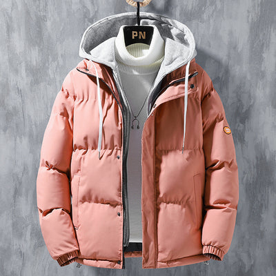 Fashion Hooded Jacket Men Winter Windproof Thickened Fake Two-piece Coat Solid Leisure Sports Cotton Jacket