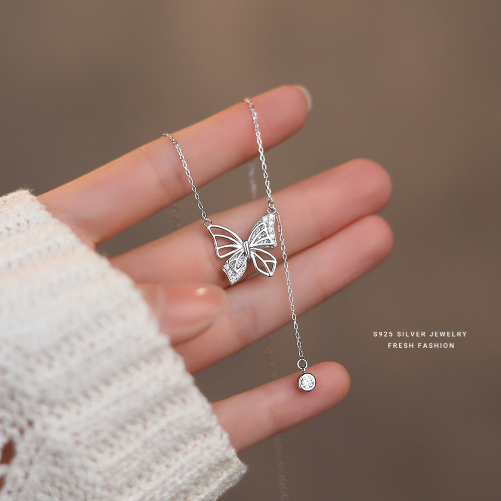 S925 Silver Hollow Butterfly Necklace With Rhinestones