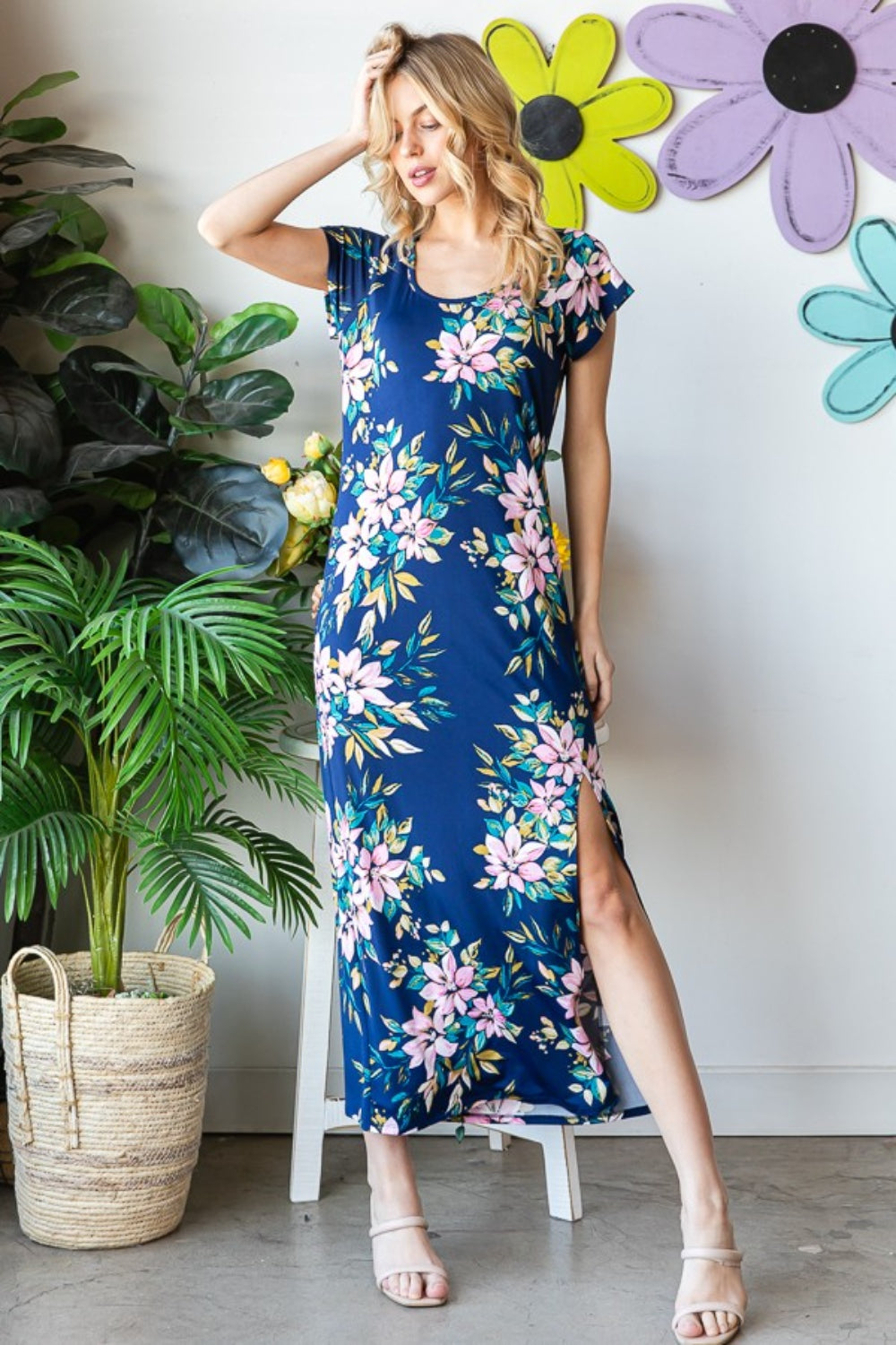 Heimish Full Size Floral Short Sleeve Slit Dress