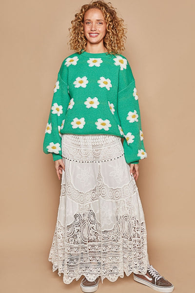 POL Daisy Pattern Drop Shoulder Sweater