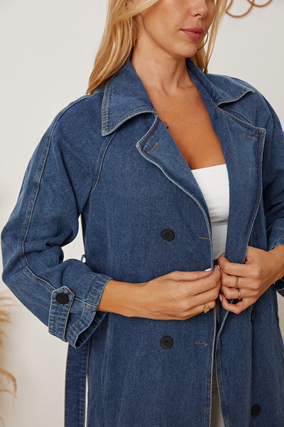 MeiMei Double-Breasted Belted Longline Denim Jacket