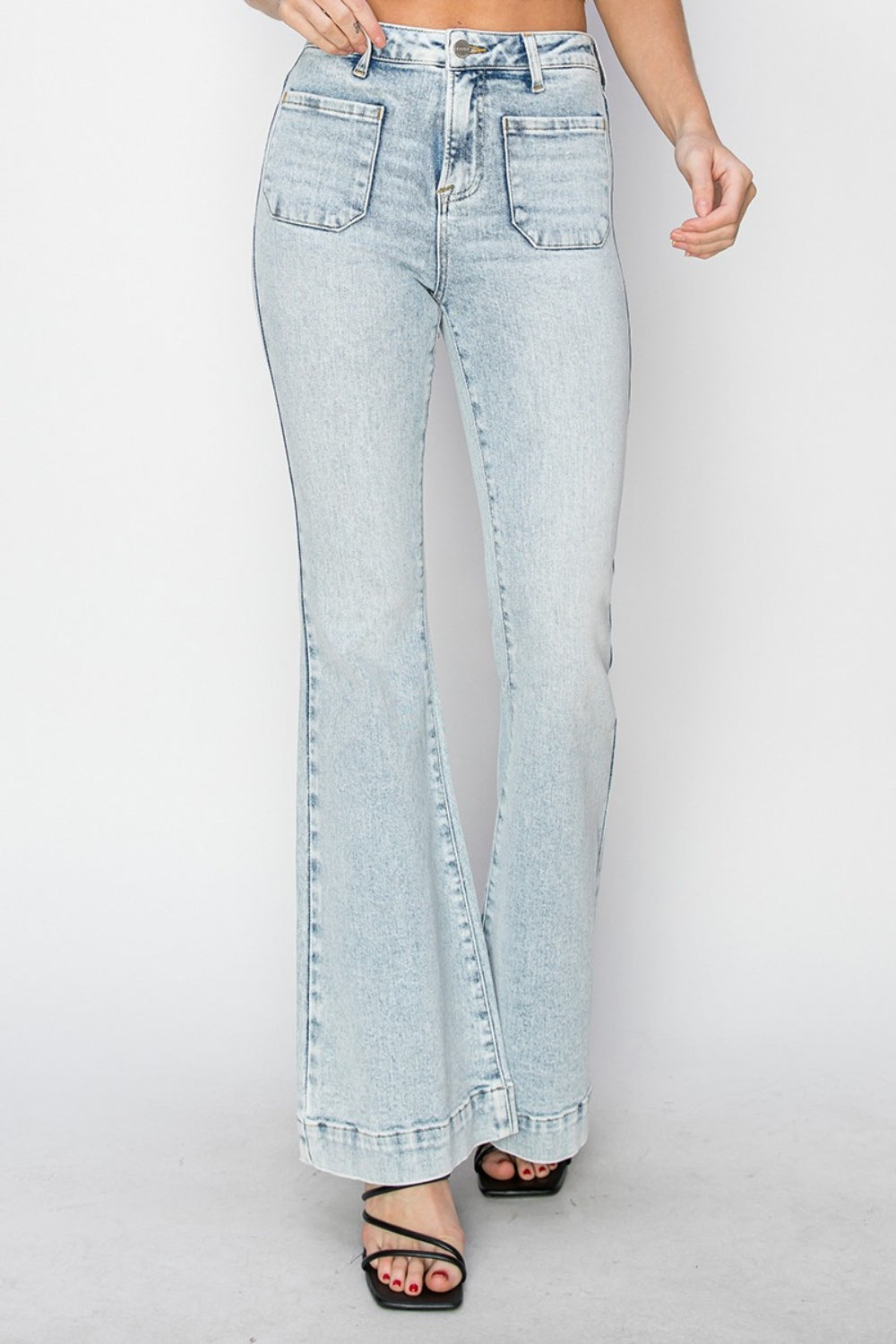 Risen Full Size High Rise Front Patch Pocket Flare Jeans