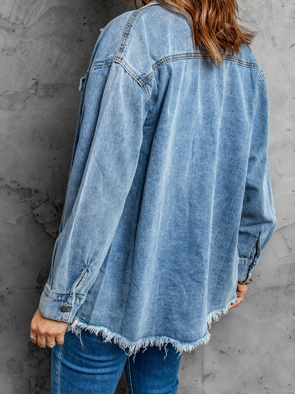 MeiMei Frayed Hem Collared Denim Jacket