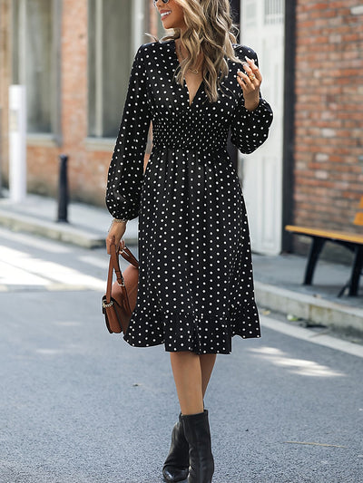 V-Neck Long Sleeve Ruffle Hem Dress