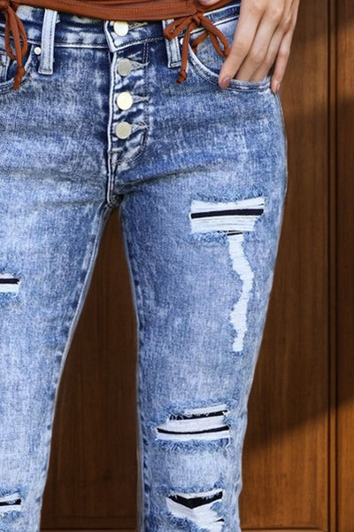 Distressed Button-Fly Bootcut Jeans with Pockets