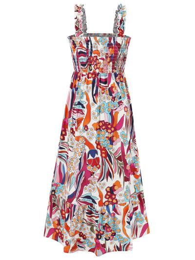 Smocked Printed Square Neck Sleeveless Dress