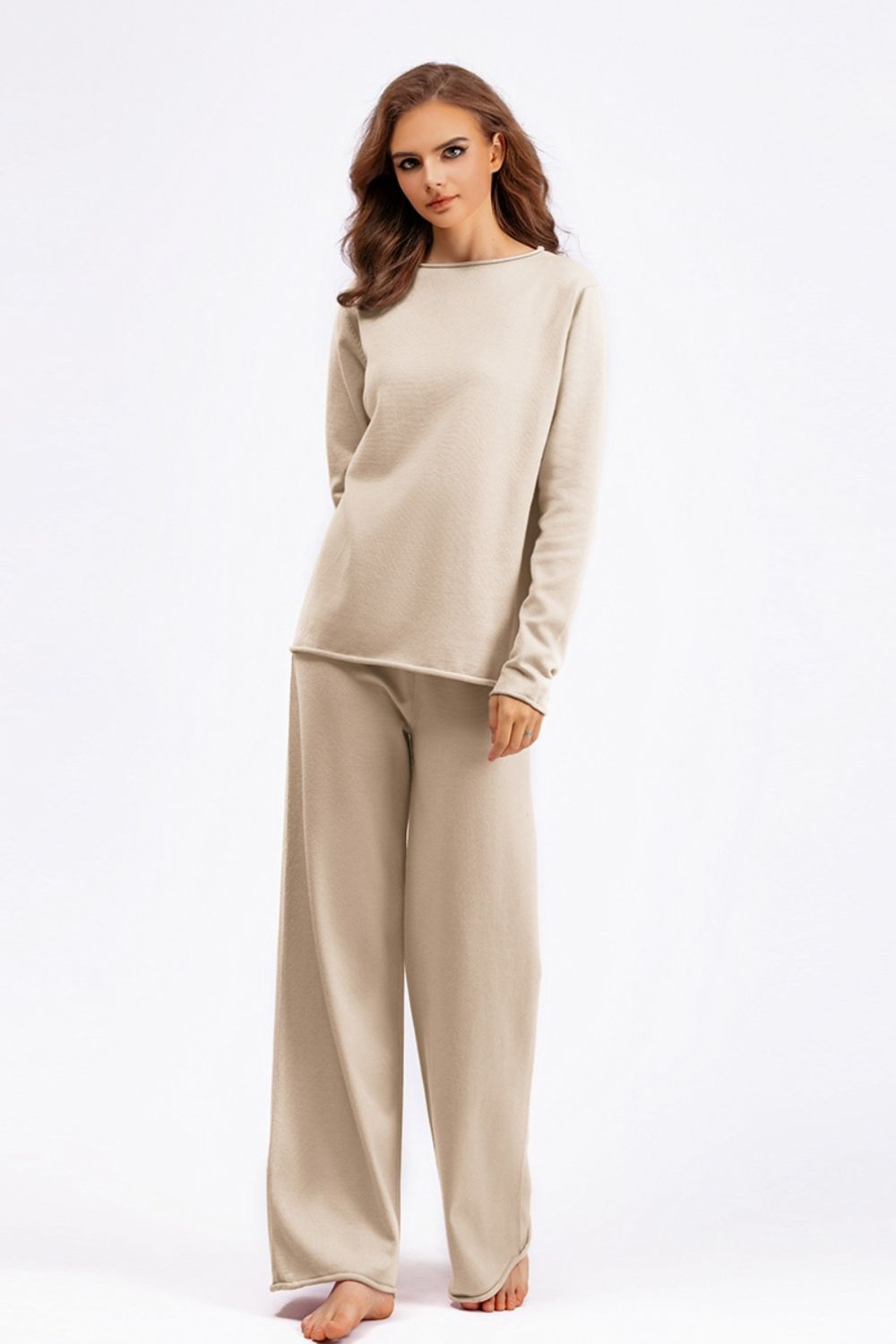 Basic Bae Rolled Round Neck Top and Pants Sweater Set