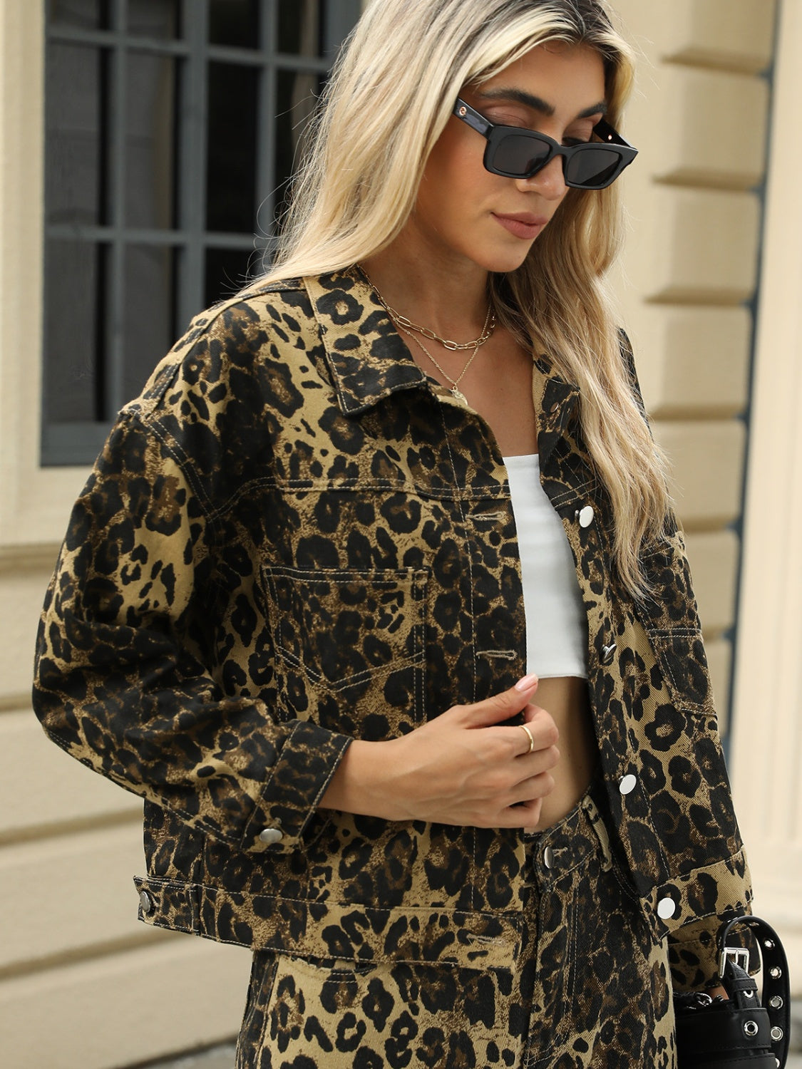 Pocketed Leopard Long Sleeve Denim Jacket