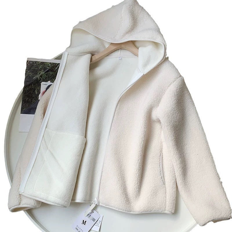 Autumn And Winter Faux Cashmere Polar Fleece Zipper Hooded Long Sleeve