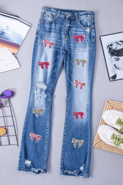 Sequin Bow Distressed Bootcut Jeans