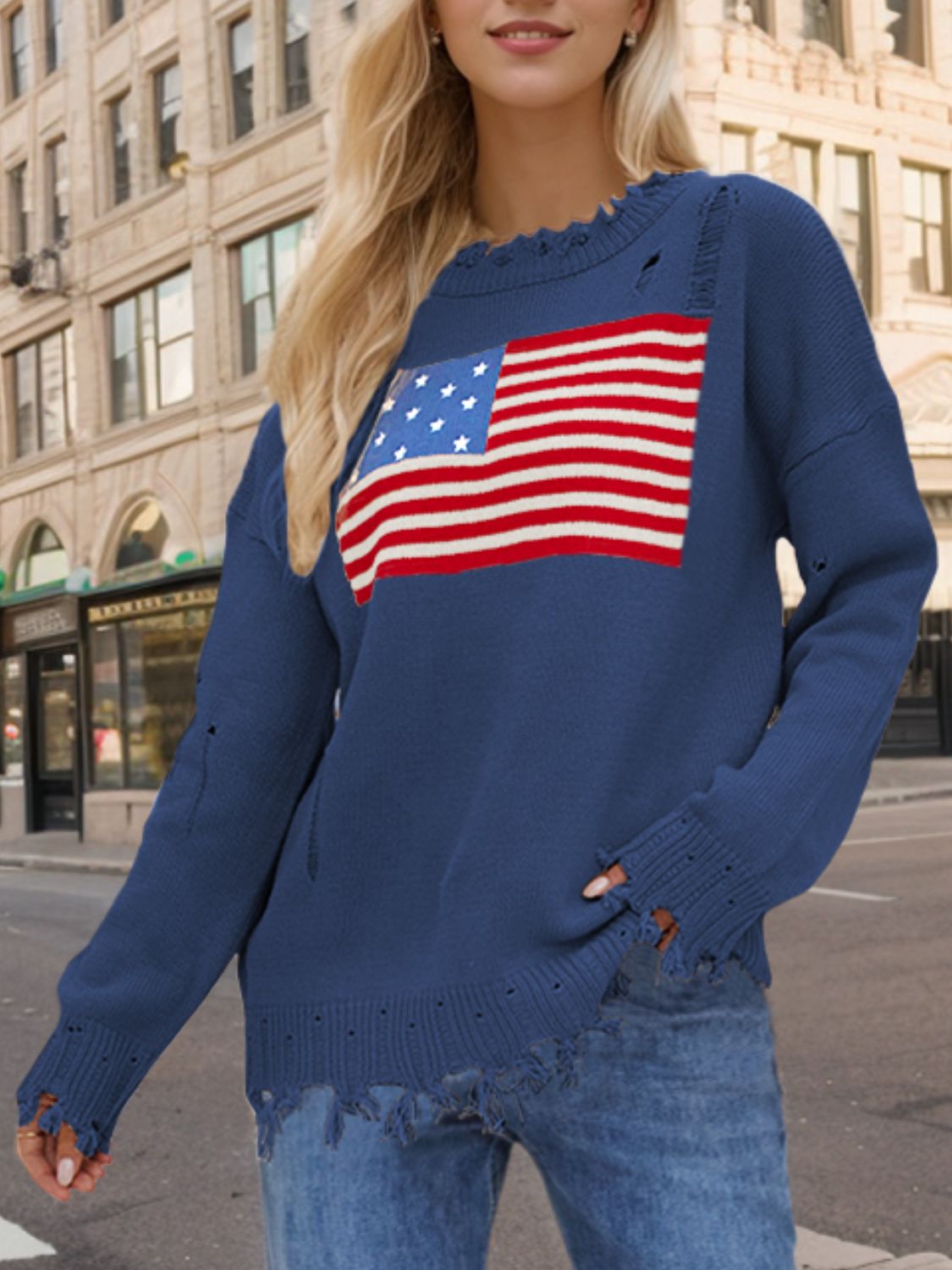 US Flag Distressed Round Neck Long Sleeve Sweater