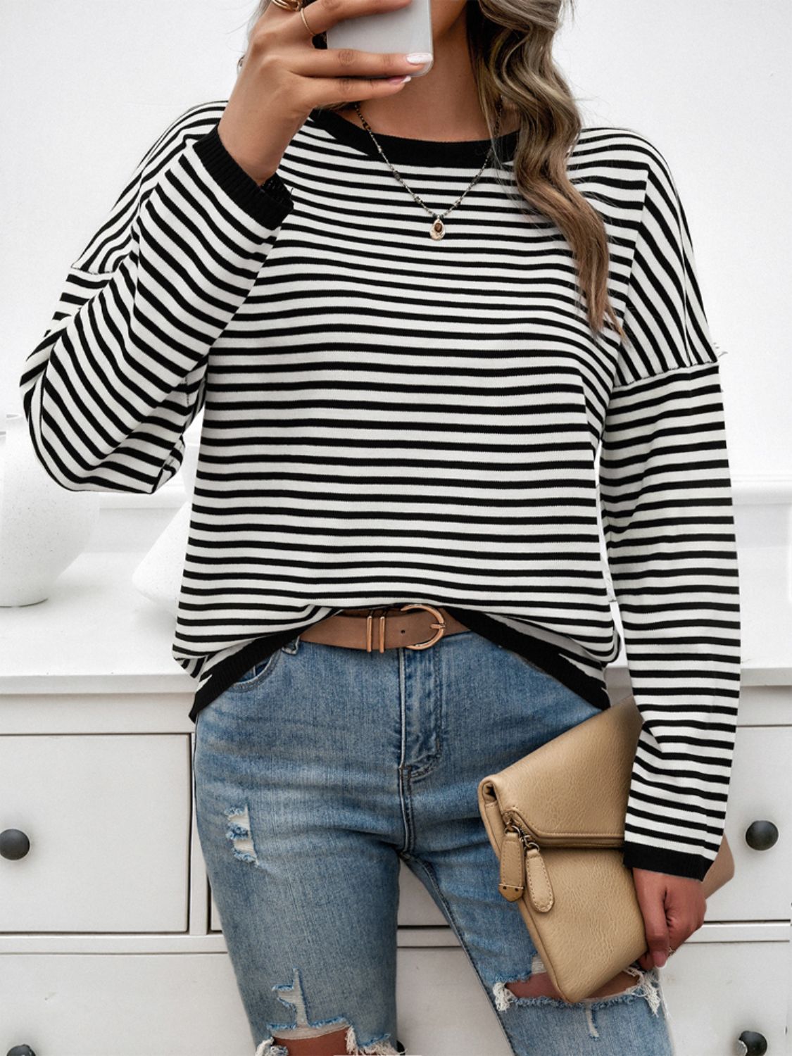 Devine Striped Round Neck Dropped Shoulder Sweater