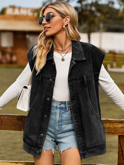 Button Up Collared Neck Sleeveless Denim Jacket