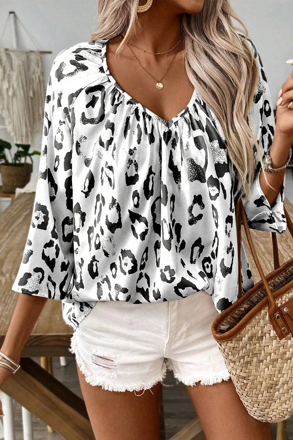 Leopard V-Neck Three-Quarter Sleeve Blouse