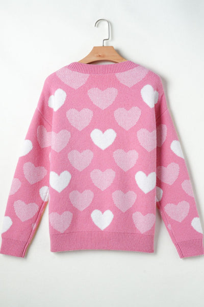 Pearl Trim Heart Round Neck Long Sleeve Sweater