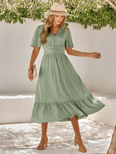 Swiss Dot V-Neck Ruffle Hem Dress