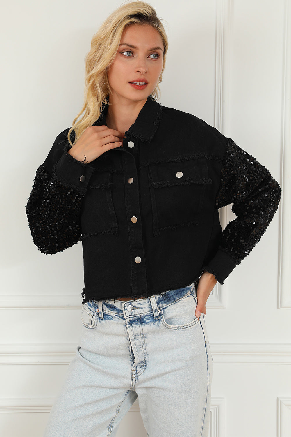 Sequin Button Up Raw Hem Denim Jacket