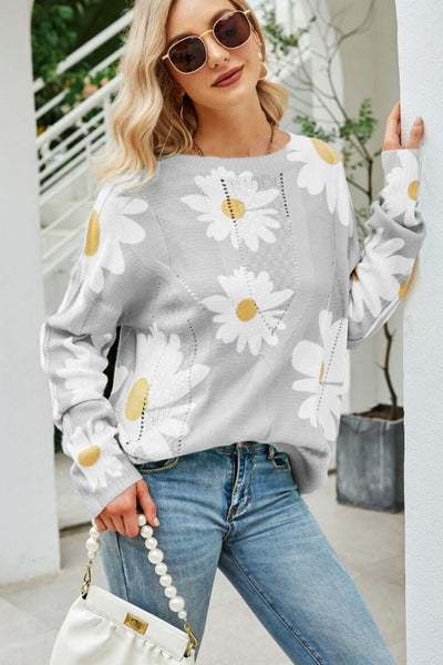 Angel Wings Daisy Print Openwork Round Neck Sweater