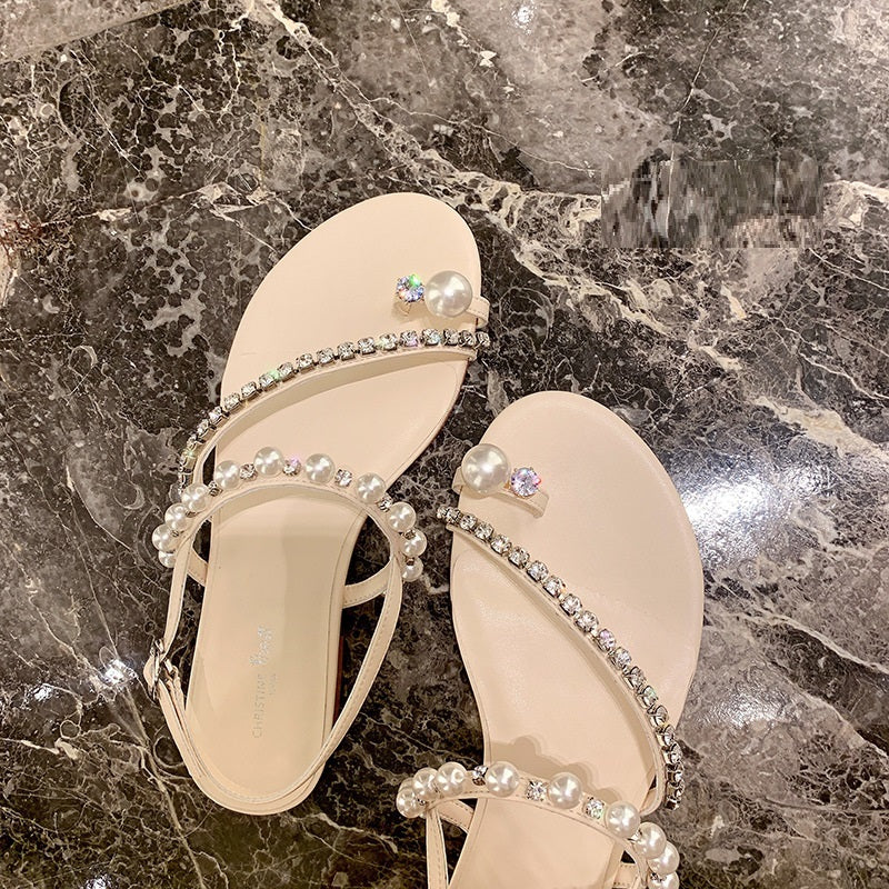 Women's Rhinestone Pearl Thong Flat Sandals