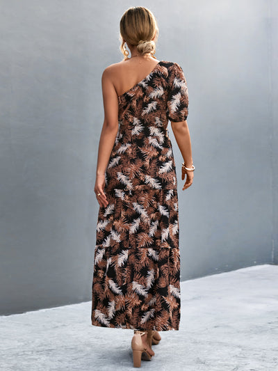 Printed Tie Waist One Shoulder Maxi Dress