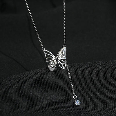 S925 Silver Hollow Butterfly Necklace With Rhinestones