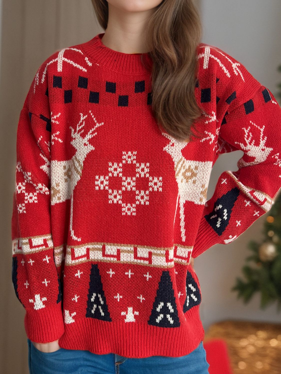 Christmas Element Round Neck Long Sleeve Sweater