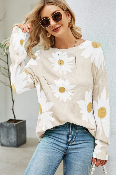 Angel Wings Daisy Print Openwork Round Neck Sweater