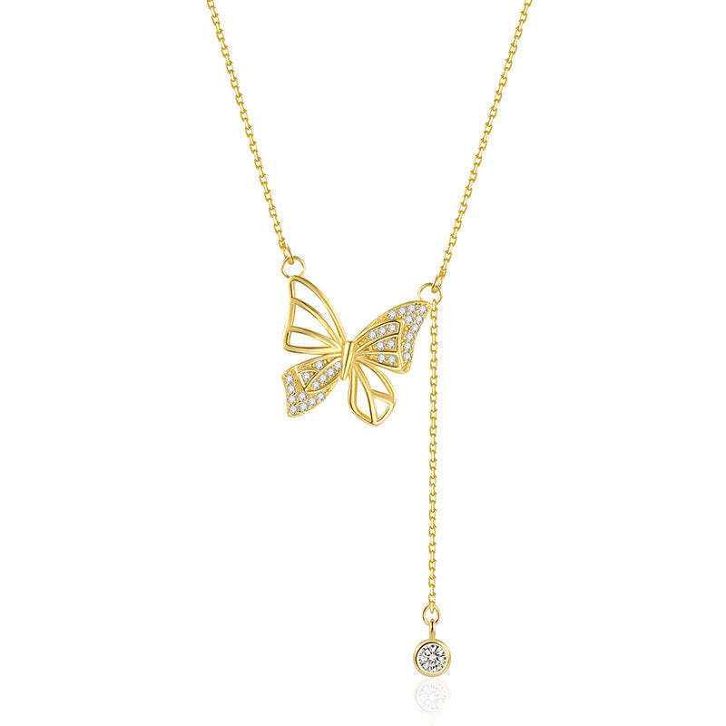 S925 Silver Hollow Butterfly Necklace With Rhinestones