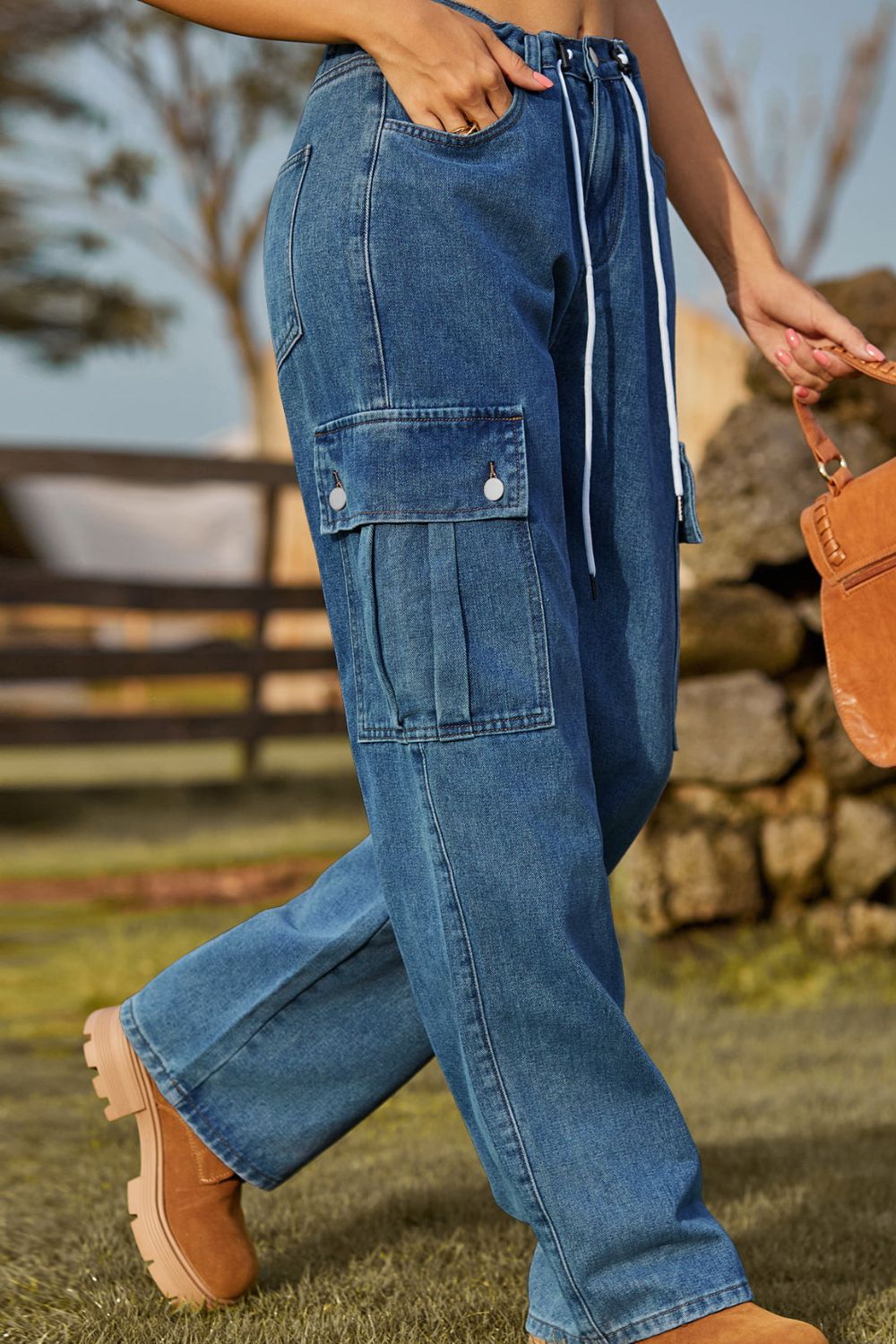 Loose Fit Drawstring Jeans with Pocket