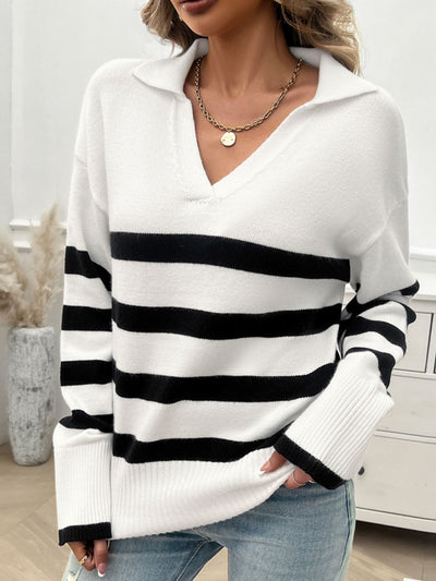 Devine Striped Collared Neck Long Sleeve Sweater