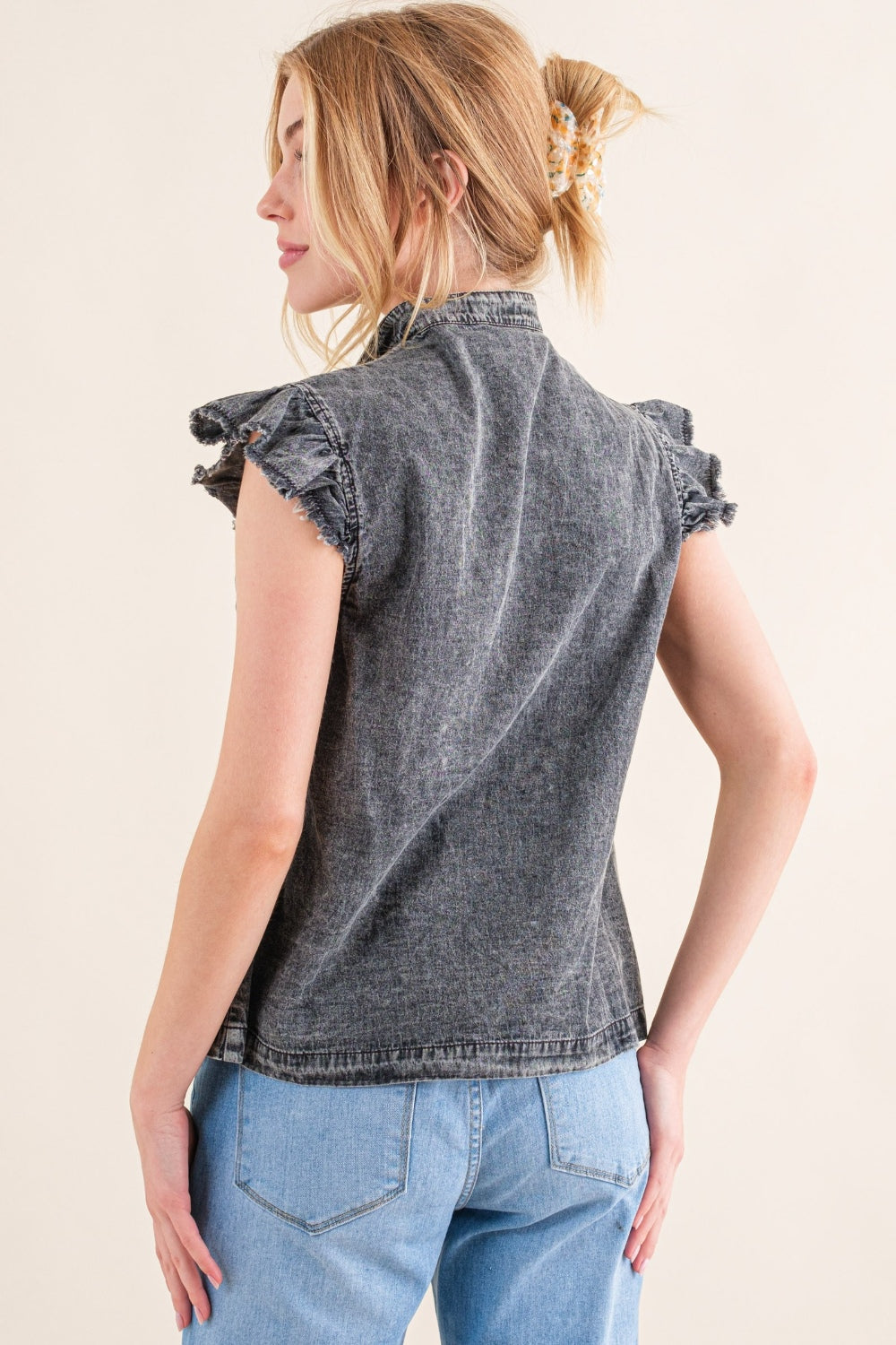 And The Why Full Size Ruffled Button Up Cap Sleeve Denim Top